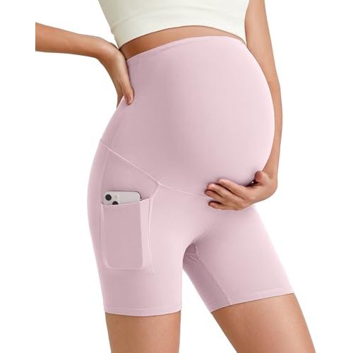 G4Free Barefeel Maternity Biker Shorts with Pockets Over The Belly Legging 5" Pregnancy Yoga Pants Athletic Workout