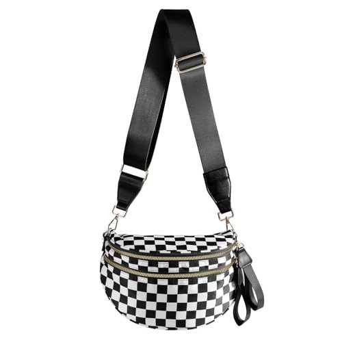 Black and White Checkered Crossbody Bag Bum Bag for Women,Spacious Checkered Purse Fanny Packs Belt Bag