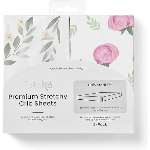 TotAha Premium Stretchy Crib Sheets (2-Pack)-Hypoallergenic, Silky Comfort, Buttery Soft, Calming Effect, All-Season Jersey-Knit Sheets, 9'' Extra Deep Pocket (Pink Buds & Green Leaves)