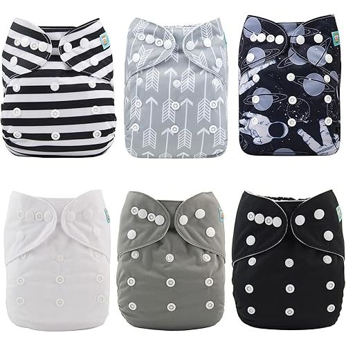 ALVABABY Baby Cloth Diapers 6 Pack + 12 Inserts One Size Adjustable Washable Reusable for Baby Girls and Boys 6DM08-DA