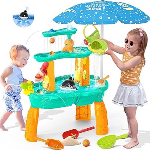 Water Table for Toddlers 3-5, 3-Tier Auto Water-Absorbing Kids Sand Water Table with Water Pump & Umbrella Splash Pond Toy, Sensory Play Table Toys for Outdoor Pool Beach Backyard Summer (Cyan&Orange)