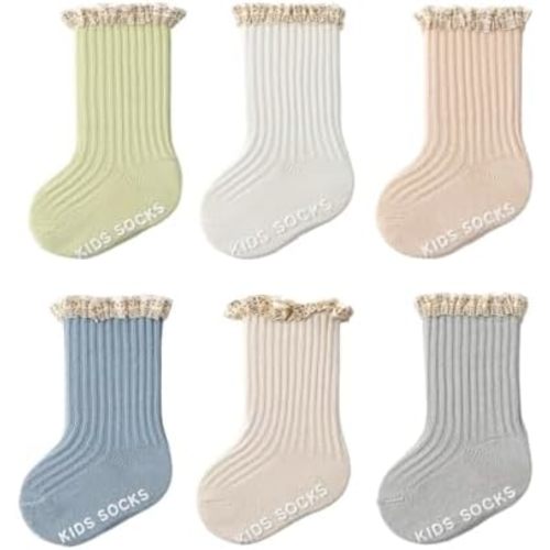 Baby Girls Ruffle Socks With Non Slip Grips Toddler Girl's Frilly Dress Lace Socks Anti-slip for Infant Multi Colors