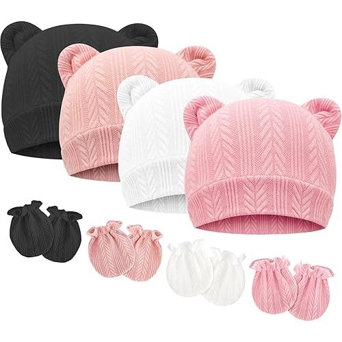 BQUBO Newborn Baby Hats Bear Ears and Mittens Sets Preemie Caps Baby Boy Girl Infant Hospital Beanie for 0-3 Months
