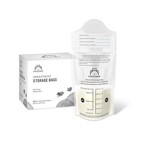 Amazon Brand - Mama Bear Breastmilk Storage Bags, Pre-Sterilized, BPA Free, Double Zips, for Refrigeration and Freezer Storage, 100 Count, 6 fl oz