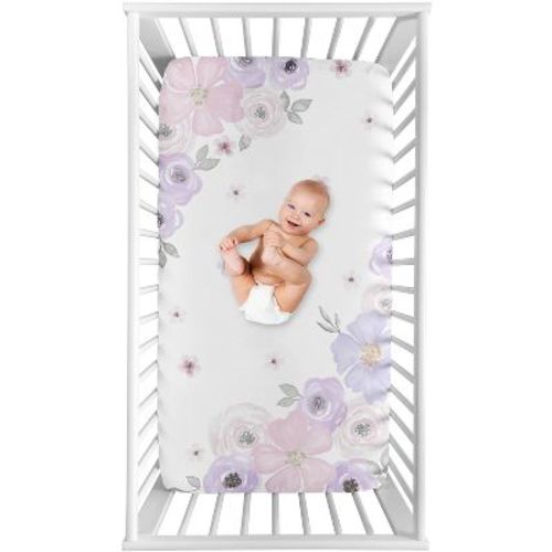 Sweet Jojo Designs Girl Photo Op Fitted Crib Sheet Watercolor Floral Lavender Purple Grey and White