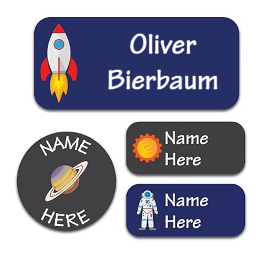 Personalized Daycare Name Labels for Kids (130 Labels) - Custom Waterproof Name Stickers for Clothing Tags, Water Bottles, Lunch Boxes and School Supplies (Space)