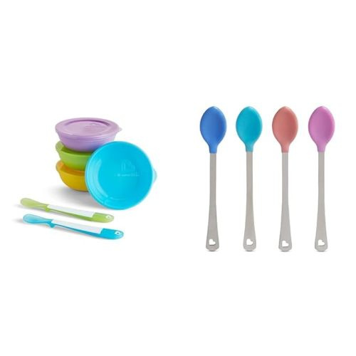 Munchkin® Love-a-Bowls™ 10 Piece Baby Feeding Set, Includes Bowls with Lids and Spoons, Multicolor & White Hot® Safety Baby Spoons, 4 Pack - Set + Baby Spoons, 4 Pack