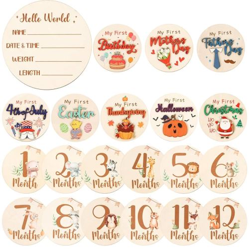 Monthly Baby Milestone Signs, 11PCS Wooden My First Holiday Milestone Cards Newborn Gift, Baby Announcement and Hello World Newborn Sign