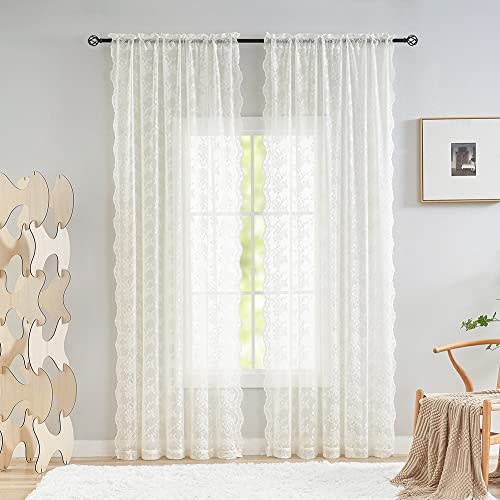 YJ YANJUN Vintage Lace Curtains 96 Inches Long- Victorian Floral Pattern Ivory Sheer Curtain Panels for Living Room, French Country Shabby Chic Light Filtering Drapes, 2 Panels 52W x 96L Cream