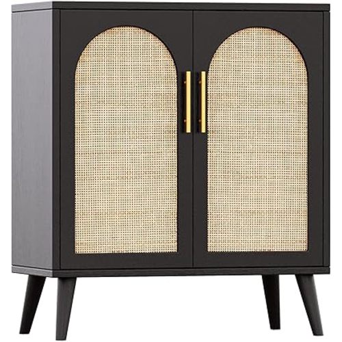 Rovaurx Rattan Storage Cabinet with Doors, Accent Bathroom Floor Cabinet, Modern Sideboard Buffet Cabinet for Living Room, Entryway, Dining Room and Kitchen, Black and Natural BMGZ108BM