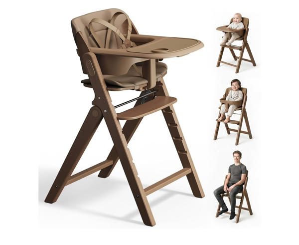 Mamazing GrowPod Pro Wooden Baby High Chair for 6 Months to 300lbs, Easy to Clean with Tray, Compact Foldable Highchair for Kitchen & Dining Room, with 5-Point Safety Harnesses and Guard Bar