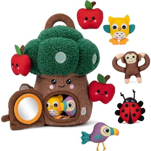 Baby Toys 6-12 Months, Montessori Sensory Toys Soft Treehouse with Baby Safe Mirror Peek a Boo Forest Animals Plush Toys Fine Motor Skills Travel Toys for Babies Boys Girls Gifts