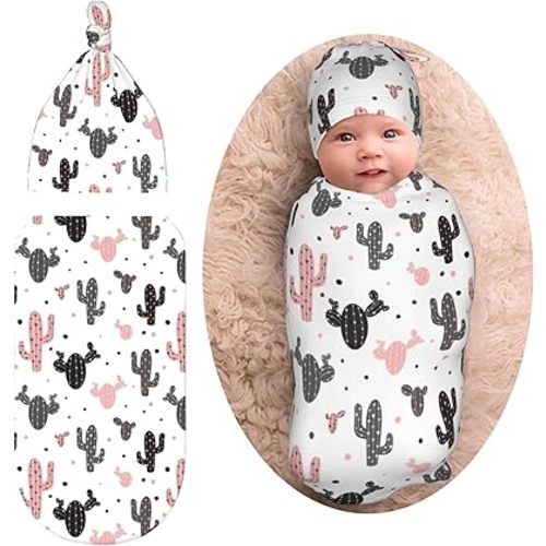 Cactus Pink Black Newborn Swaddle Blankets Baby Stuff Soft Swaddle Sack Swaddling Blanket with Beanie Sets Gifts For Infant Boys Girls