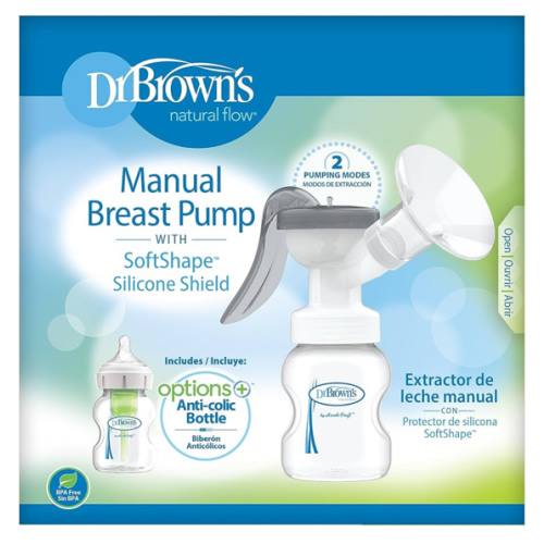 Dr. Brown’s Manual Breast Pump with SoftShape 100% Silicone Shield (B, 25mm flange) & Anti-Colic Options+ Wide-Neck Baby Bottle 5 oz/150 mL, with Level 1 Slow Flow Nipple