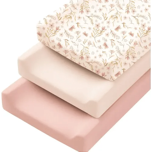 Konssy 3 Pack Stretchy Changing Pad Covers for Girl, Boy, Silky Soft Changing Table Cover, Breathable Baby Nursery Diaper Chang Pad Sheets (Pink Spring)