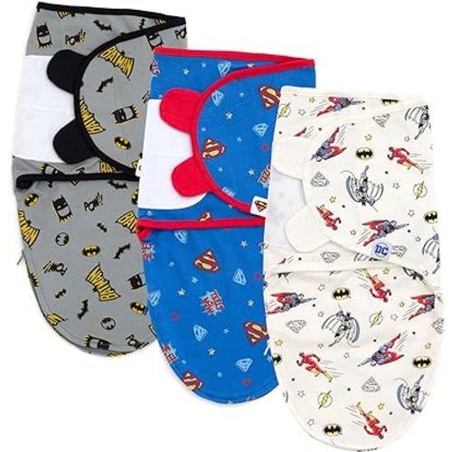 DC Comics Justice League Batman Superman The Flash Newborn Baby Boys 3 Pack Swaddle Sacks Gray/Blue White 0-3 Months