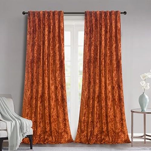 Lux Burnt Orange Crushed Velvet Curtains, 2 Panel Set, Room Darkening Distressed Velvet Back Tab/Pinch Pleated Curtain, 52" W x 108" L for Living Room Bedroom Window Drapes