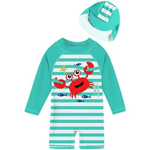 uideazone Baby Boys One Piece Swimsuit Long Sleeve UPF 50+ Rash Guard Bathing Suit Swimwear with Sun Hat 3-24 Months