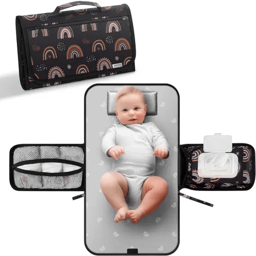 Babebay Portable Diaper Changing Pad, Travel Baby Changing Pad with Wipes Pocket, Changing Pad for Newborn Girl & Boy, Waterproof Portable Changing Mat, Boho Rainbow Sun
