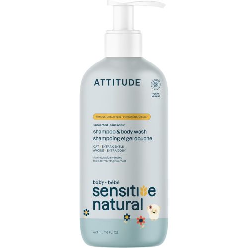 ATTITUDE 2-in-1 Shampoo and Body Wash for Baby, EWG Verified, Plant- and Mineral-Based Ingredients, Vegan and Cruelty-Free Products for Sensitive Skin, Unscented, 16 Fl Oz