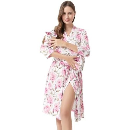 Galabloomer Flower Maternity Robe and Baby Receiving Blanket, Matching Mommy Labor Delivery Robe and Swaddle Set