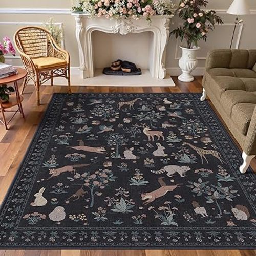 Woodland Animal Rug 5x7 Washable Area Rug Soft Low Pile Non Slip, Nature Inspired Large Carpet for Living Room, Kids Playroom, Nursery, Office (Black, 5'x7')