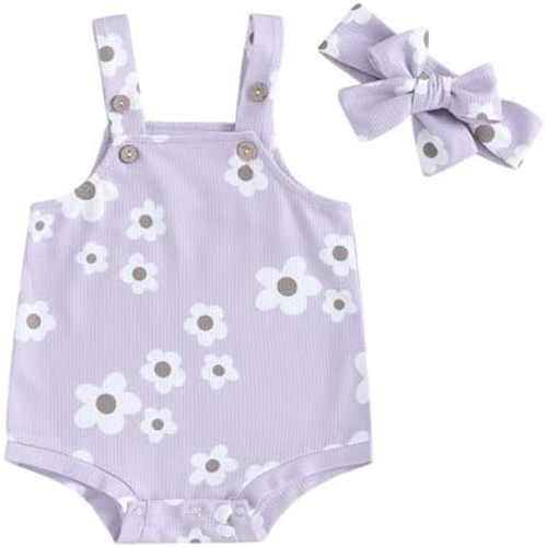 Kupretty Newborn Baby Girl Summer Clothes Waffle Knit Sleeveless Strap Daisy Romper Bodysuit Jumpsuit Cute Infant Clothing