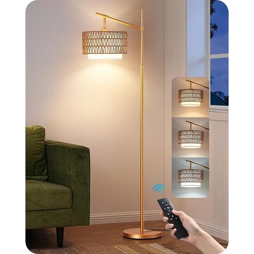 EDISHINE Rattan Arc Floor Lamp with Remote,Gold Farmhouse Floor Lamp with Dimmable LED Bulb,Rattan & Fabric Double Shades,Foot Switch,Adjustable Wicker Standing Lamp for Living Room, Bedroom, Office,