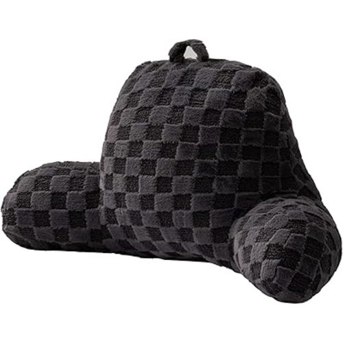 A Nice Night Faux Fur Reading Pillow,Checkered Fluffy Grid Plaid,Bed Wedge Pillow Large Adult Children Backrest with Arms for Bedrest,Darkgrey
