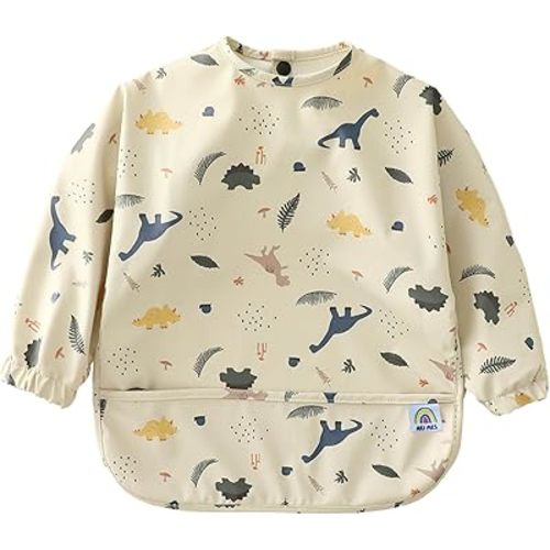 ARI MES Waterproof Long Sleeve Baby Bib for Eating-Dinosaur Pattern, Small-Toddler Smock with Catch-All Pocket, BPA Free, Machine Washable, Wearable Feeding Bib for Boys & Girls 6-72 Months