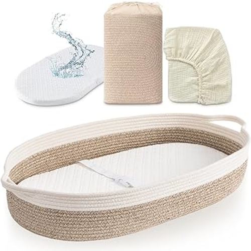 UBBCARE Baby Changing Basket, Cotton Rope Moses Basket for Newborn, Foam Pad Changing Basket with Waterproof Cover, Unisex Changing Table Topper for Dresser - Beige & Brown