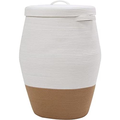 26" x 20" Tall Extra Large Storage Basket with Lid, Cotton Rope Storage Baskets, Woven Laundry Hamper with Cover, Toy Storage Bin, for Toys Blanket in Living Room, Baby Nursery, White/Camel Bottom
