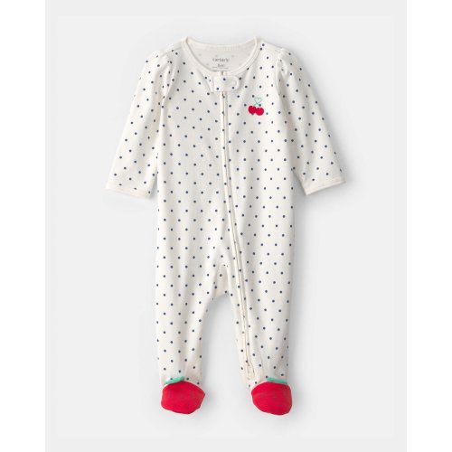Newborn Size - Baby Girl Cherry 2-Way Zip 100% Cotton Sleep & Play Pajama - White | Carter's