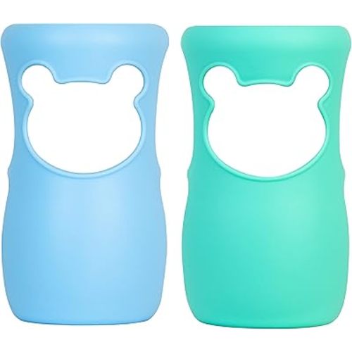 100% Silicone Baby Bottle Sleeves for Philips Avent Natural Glass Baby Bottles, Premium Food Grade Silicone Bottle Cover, Cute Bear Design, 8oz, Pack of 2 (Blue and Turquoise)