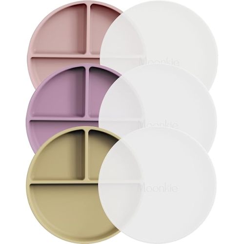 Moonkie Suction Plates for Baby | 100% Silicone BPA-Free Baby Plates with Lids and Food Cover | Divided Design | Microwave and Dishwasher Safe | Toddler Plates 3 Pack