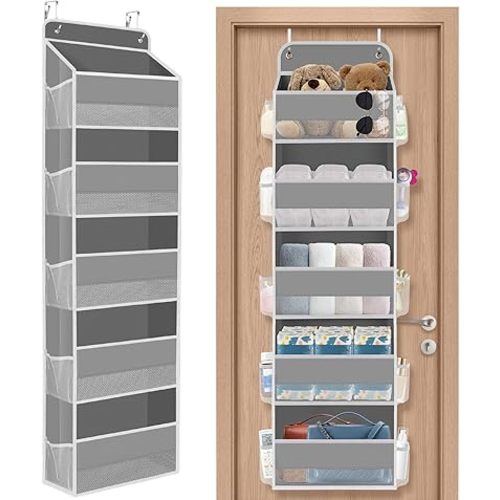1 Pack Over The Door Organizer, Hanging Storage Organizer with Clear Window, 40lb Ultra Sturdy Large Capacity Room Organizer for Pantry Laundry Bathroom Nursery Closet Baby Essential (Grey)