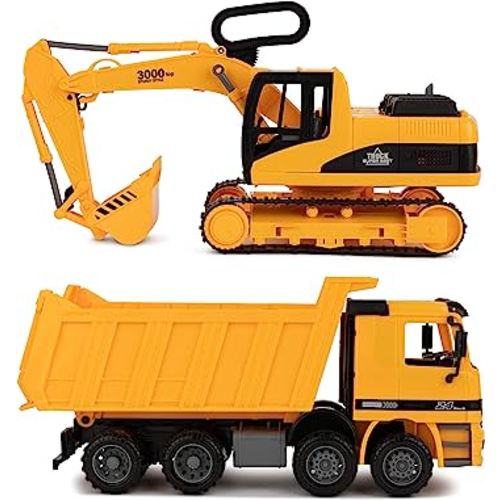 Excavator & Dump Truck Toy for Kids (Set of 2) – Moveable Claw & Lifting Back – Garbage Truck & Bulldozer Digger – Construction Vehicle for Kids & Children by Toy To Enjoy