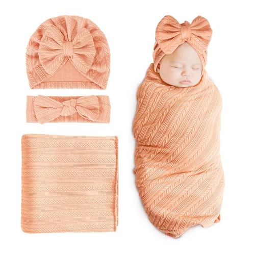 DRESHOW BQUBO Newborn Receiving Blanket Toddler Warm for Girls with Bow Hat and Bow Headband Shower Gift