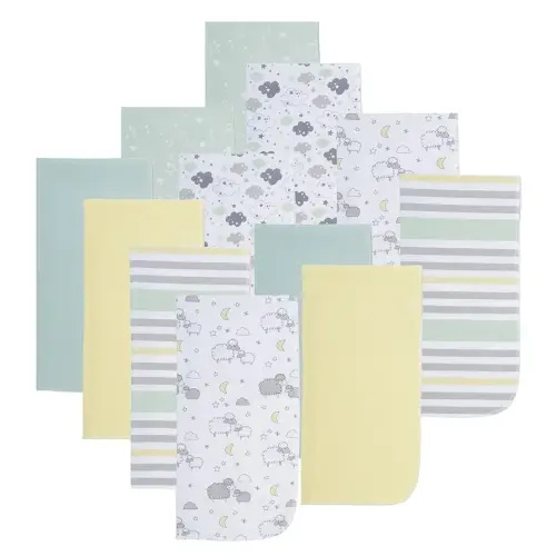 EVERYDAY KIDS 12 Pack Burp Cloths for Baby Boys and Girls - Sheeps, Clouds and Stars