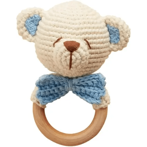 Chippi & Co Wooden Crochet Baby Rattle, Crochet Toys Stuffed Animals Easter Gifts for Kids, Wooden Newborn Toys, Unique Easter Basket Stuffers, Basket Filler, Baby Shower Decor (Huggy Baby Bear)