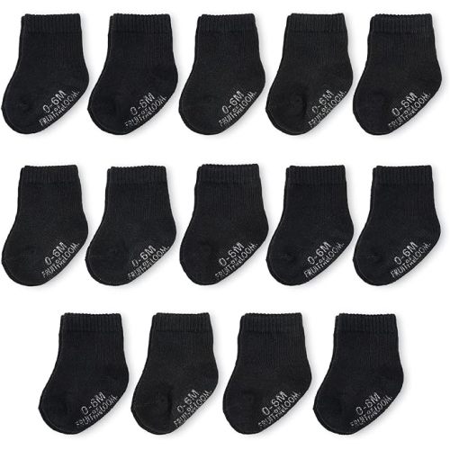 Fruit of the Loom Baby 14-Pack Grow & Fit Flex Zones Cotton Stretch Socks - Unisex, Girls, Boys - 6-12 Months - Black