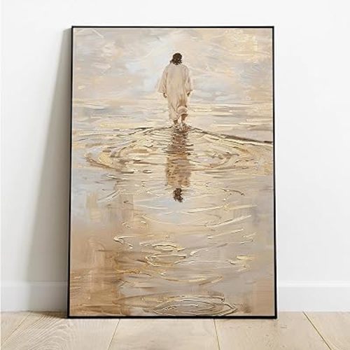 Jesus Walking On Water Painting Print Jesus Wall Art Scripture Wall Art Christian Canvas Wall Art Jesus Picture Poster Christian Art Wall Decor For Living Room Dining Room Bedroom 8X12in-Black Framed