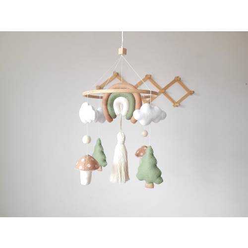 Boho woodland mobile, rainbow felt mobile, nursery cloud crib decoration, toddler crib decor, mushroom baby mobile gift, newborn crib mobile
