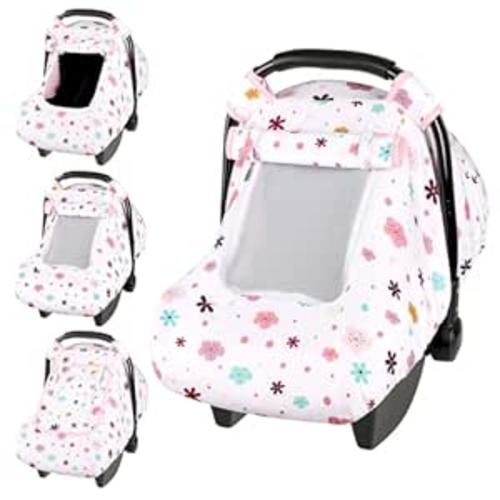 Pea Pod Car Seat Cover Baby, Infant Car Seat Canopy Covers with 2 Layers Windows of Breathable Mesh Fabric, Lightweight Polyester, Soft Minky Dot Backing (Floral Pattern)
