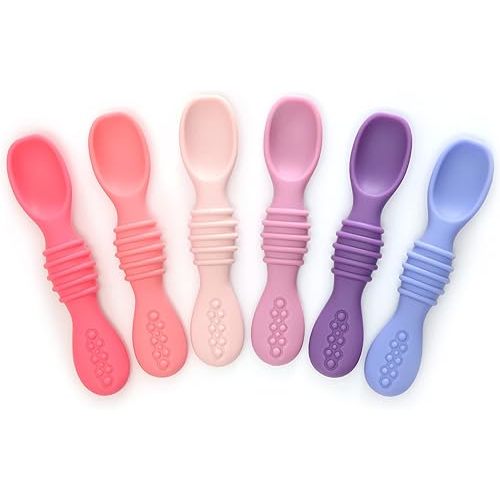 PrimaStella Silicone Chew Spoon Set for Babies and Toddlers - Safety Tested - BPA Free - Microwave, Dishwasher and Freezer Safe - Rosy Shades