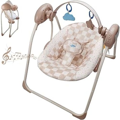 Baby Swings for Infants, Tiny Marvels Portable Swing with Adaptable Speed, Music, Removable-Toy-Bar, Foldable Infant Swing for Indoor and Outdoor Use, 0-9 Months 6-20 lbs(Sander Checker)