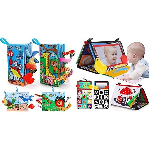 Thremhoo Baby Mirror Infant Toys & 2PCS Baby Books 0-6 Months Tummy Time Infant Toys