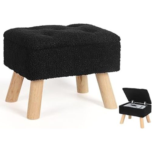 Storage Ottoman, Small Foot Stool Ottoman with Storage, Boucle Teddy Velvet Foot Rest with Padded Seat, Sturdy Wood Legs Stool for Living Room, Bedroom, Couch, Enterway (Black)