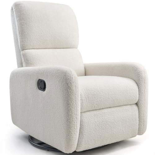 MERLUXY Recliner Chair Swivel Rocking Chair, Nursery Glider with High Back for Living Room, Comfy Upholstered Modern Rocker Reclining Single Sofa, Teddy,White