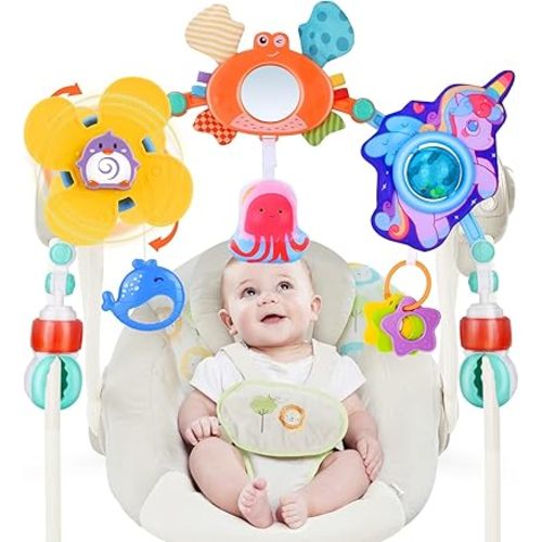 Baby Stroller Arch Toy, Crib Bouncer Bassinet Toys, Montessori Sensory Travel Infant Car Seat Toys Adjustable Mobile Activity Arch with Play Accessories (Unicorn)